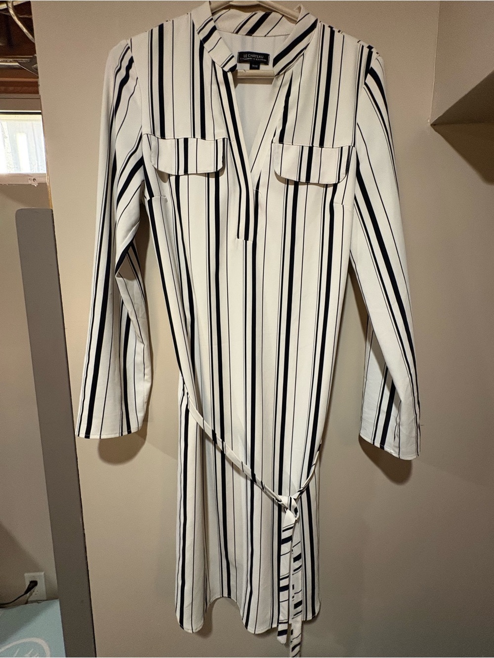 le chateau White and Black Striped Midi Shirt Dress